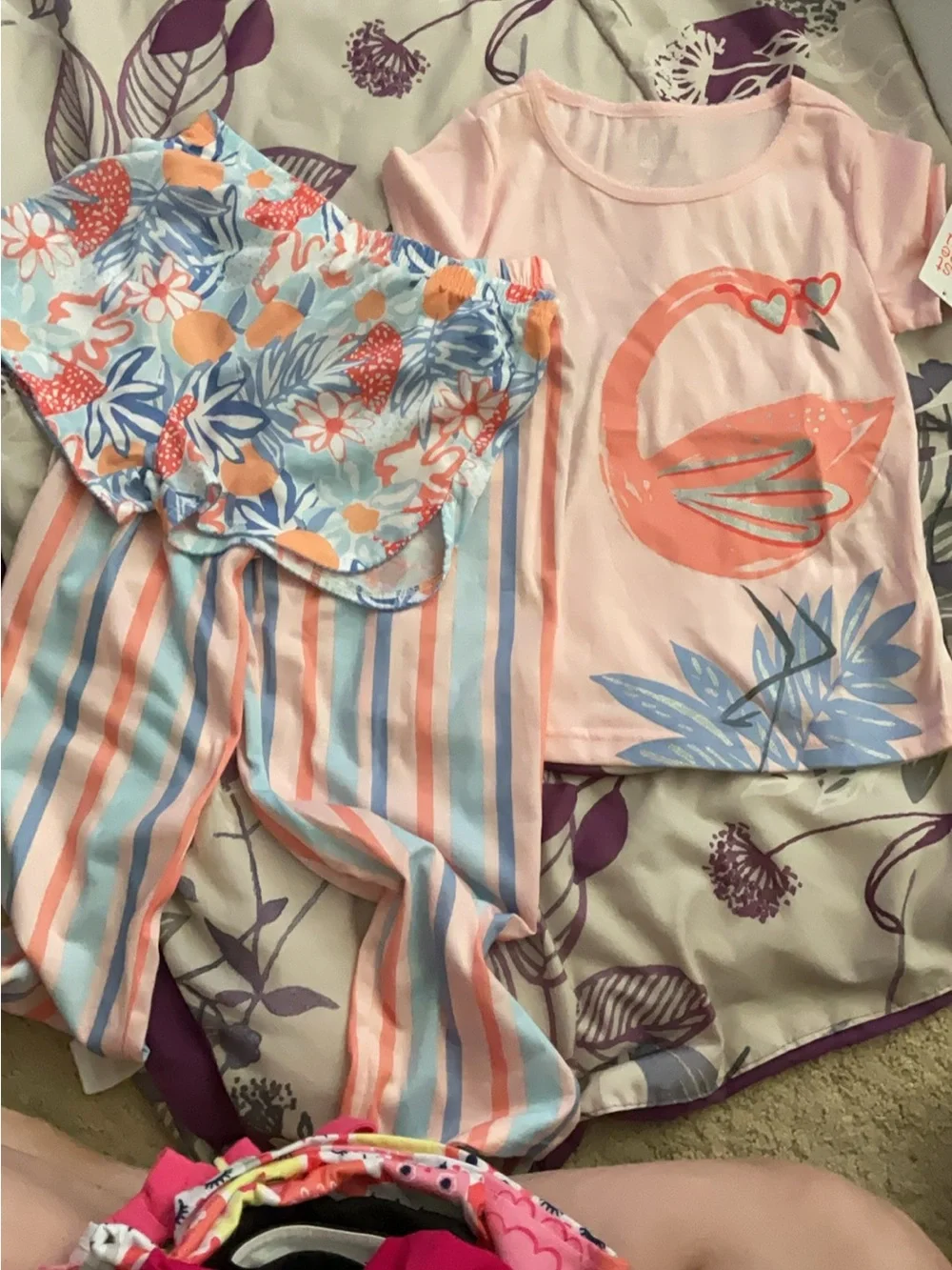 Carter's 3 pc Pink and Coral Swan Pajama Set with Blue Floral Accents & stripes